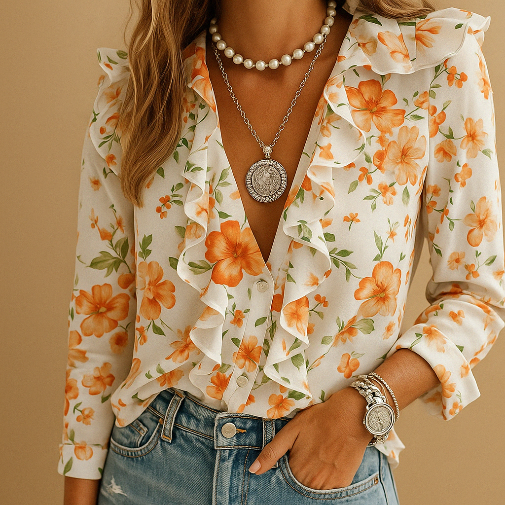 Elegant women’s blouse with butterfly print and ruffles, featuring long sleeves and a flattering tailored fit for all-season wear.