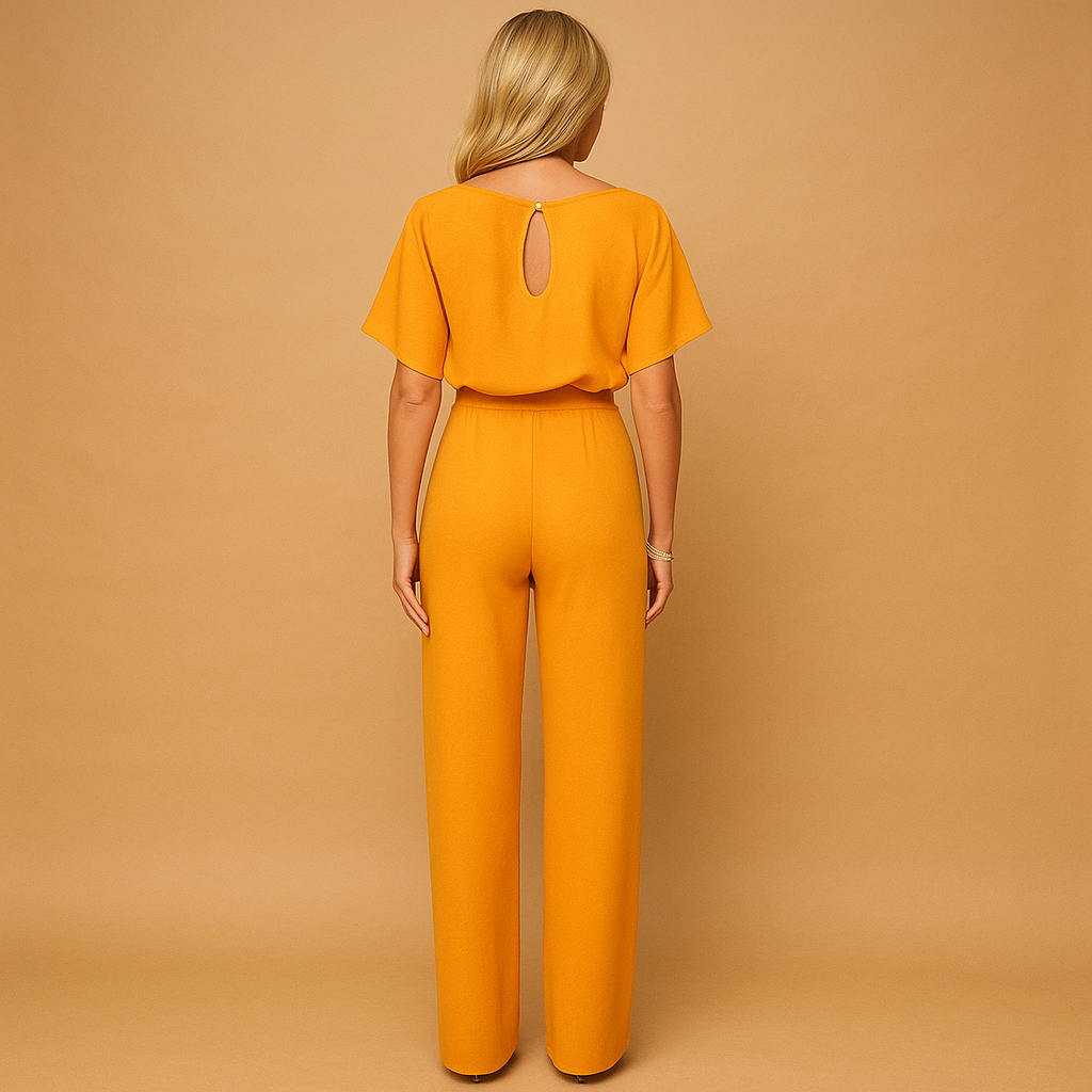 High-waisted jumpsuit for women with lace-up detail and tailored fit, ideal for work, stylish evenings, and chic casual looks.