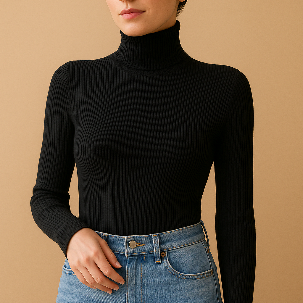 Women's knit turtleneck sweater with soft fabric and fold-over collar, perfect for autumn, winter, and early spring outfits.