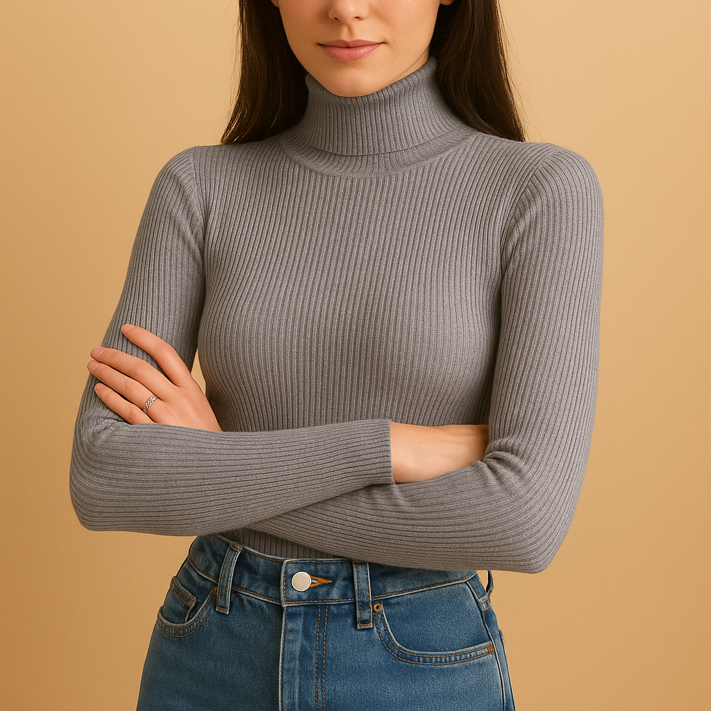 Women's knit turtleneck sweater with soft fabric and fold-over collar, perfect for autumn, winter, and early spring outfits.