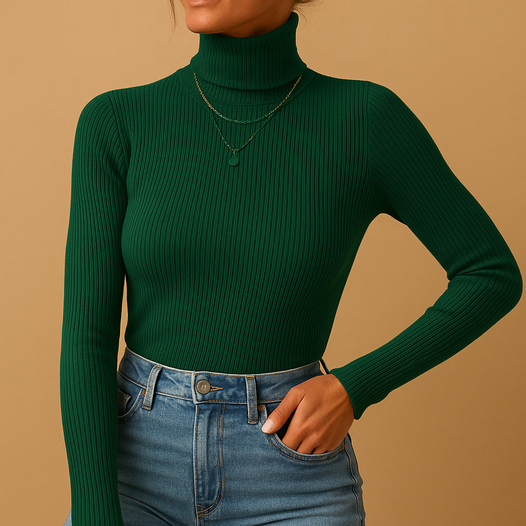 Women's knit turtleneck sweater with soft fabric and fold-over collar, perfect for autumn, winter, and early spring outfits.