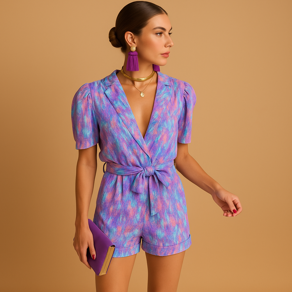 Short summer jumpsuit for women with built-in belt and vibrant print, perfect for warm days, casual outings, and evening events.