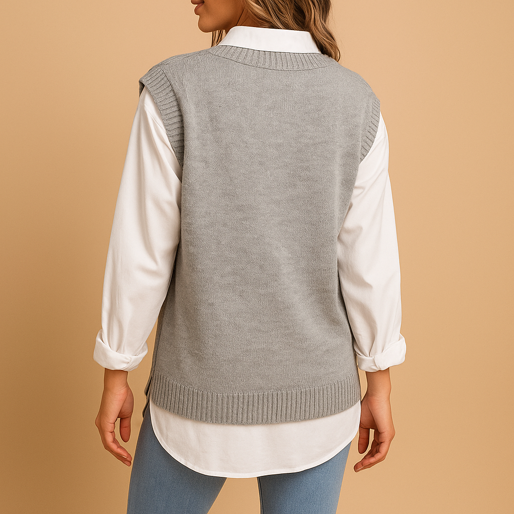 Women's sleeveless cable knit vest with deep V-neck, perfect for stylish layering over dresses, blouses, or T-shirts in spring and autumn.