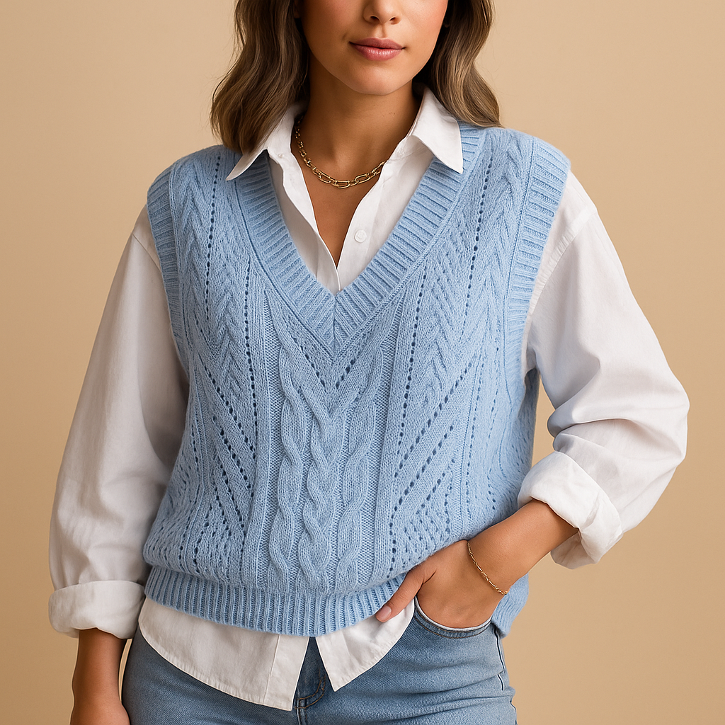 Women's sleeveless cable knit vest with deep V-neck, perfect for stylish layering over dresses, blouses, or T-shirts in spring and autumn.