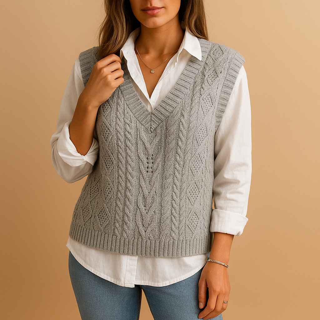 Women's sleeveless cable knit vest with deep V-neck, perfect for stylish layering over dresses, blouses, or T-shirts in spring and autumn.