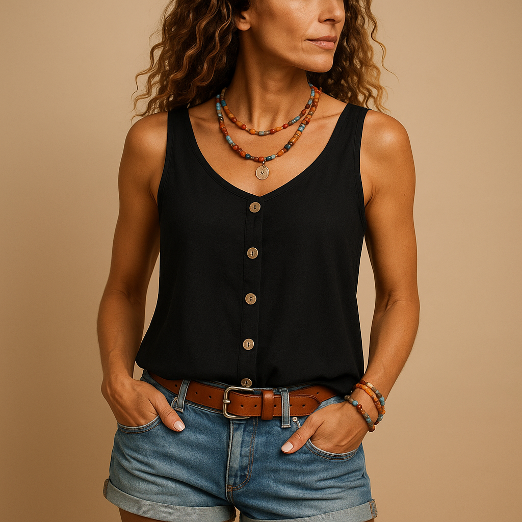 Sleeveless V-neck summer top for women with loose fit and vibrant color options, perfect for warm weather and casual styling.