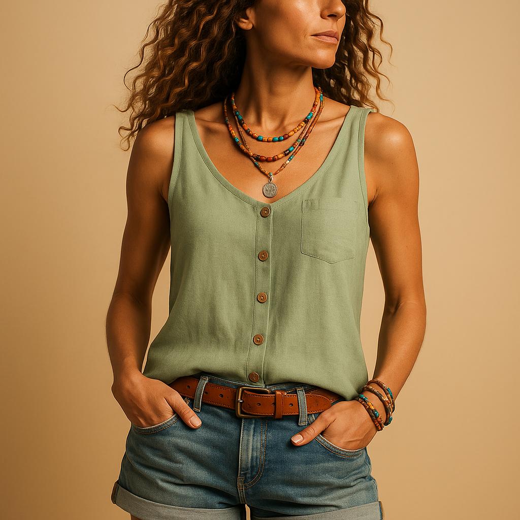 Sleeveless V-neck summer top for women with loose fit and vibrant color options, perfect for warm weather and casual styling.