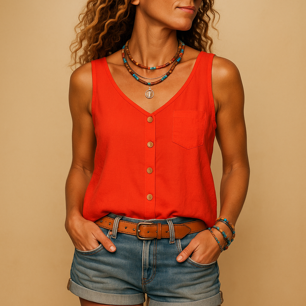 Sleeveless V-neck summer top for women with loose fit and vibrant color options, perfect for warm weather and casual styling.