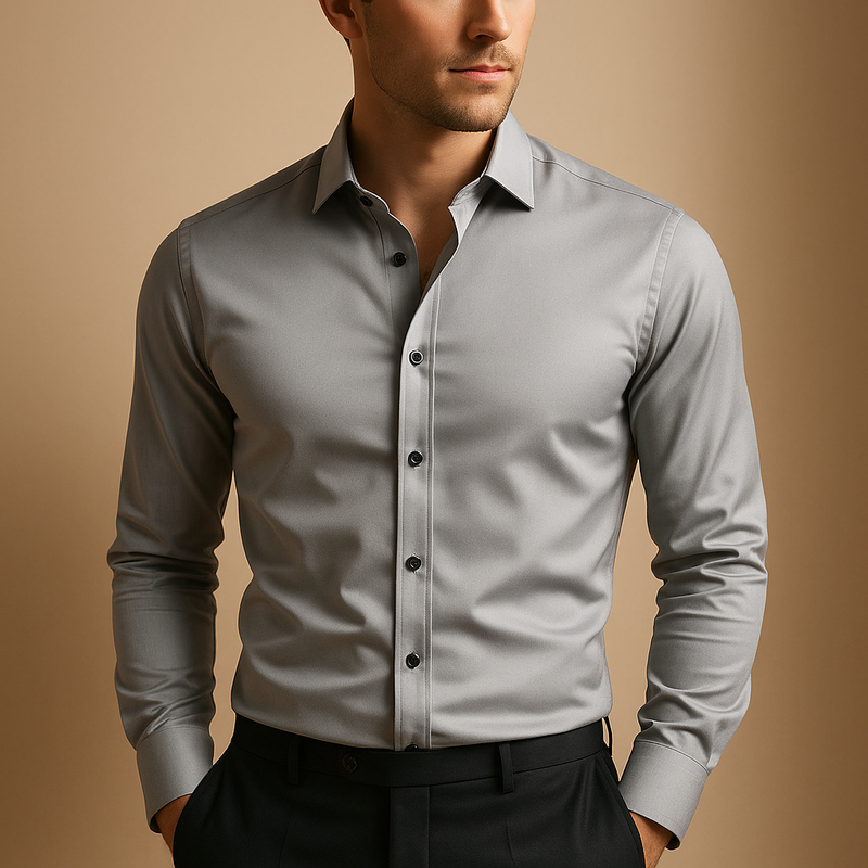 Men’s slim fit dress shirt in breathable stretch fabric with button closure and collar, ideal for business, casual, and evening occasions.