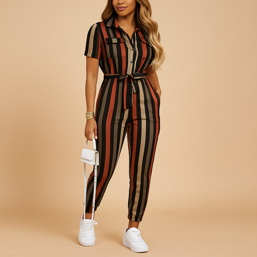 Tailored one-piece jumpsuit for women with button closure and flattering fit, perfect for office wear, brunch, and evening outings.
