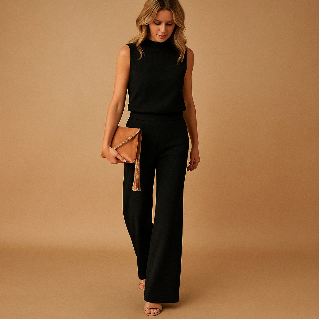Elegant wide-leg jumpsuit for women with round neckline and mid-waist fit, ideal for work, evening events, and stylish gatherings.