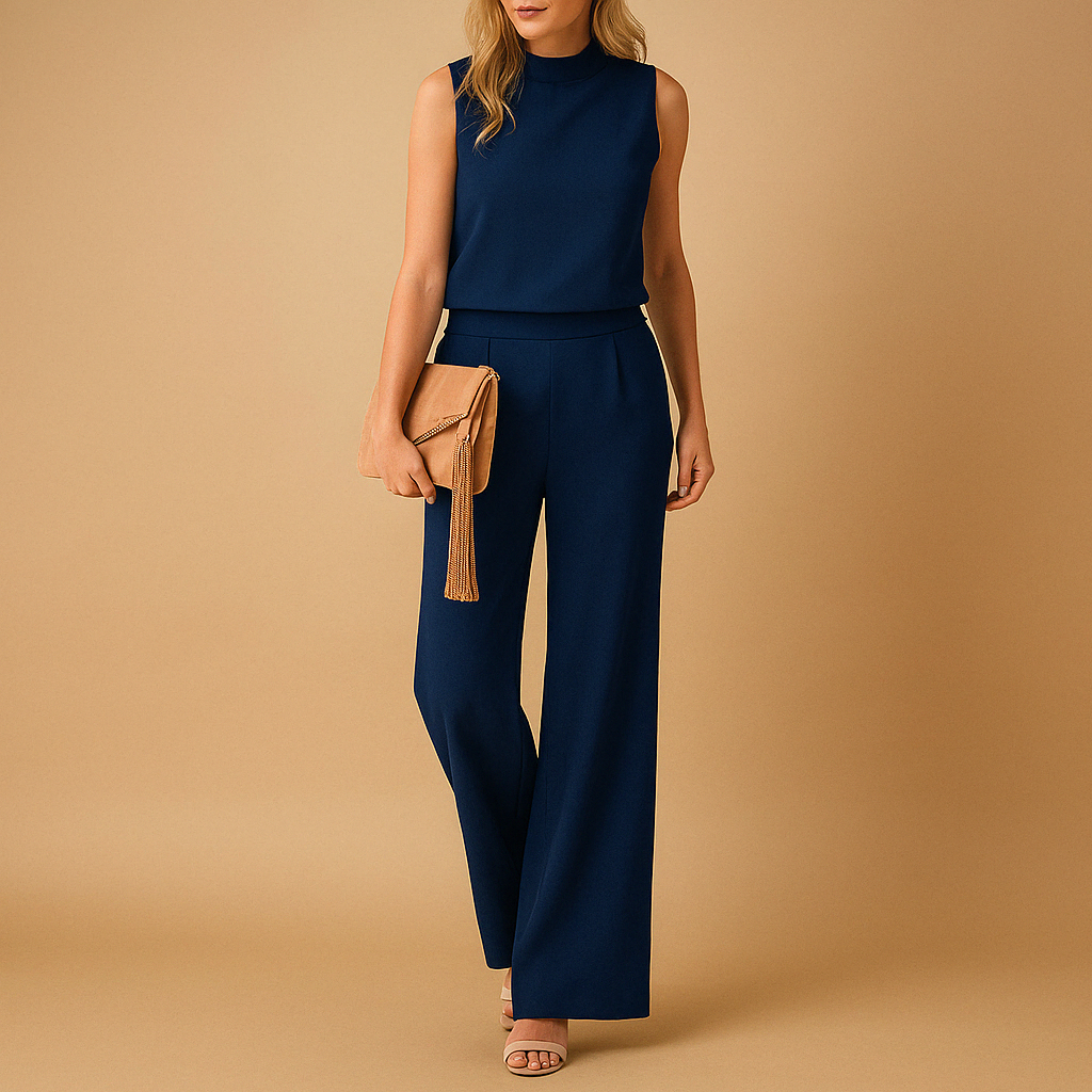 Elegant wide-leg jumpsuit for women with round neckline and mid-waist fit, ideal for work, evening events, and stylish gatherings.