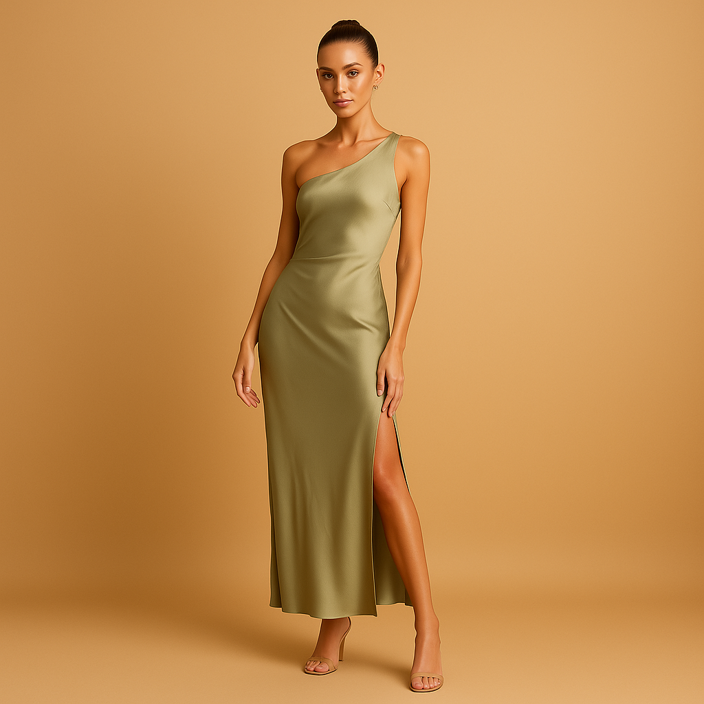 Asymmetrical evening dress for women named Valentina, with a body-hugging fit, soft stretch fabric, and chic split detail, perfect for galas and parties.