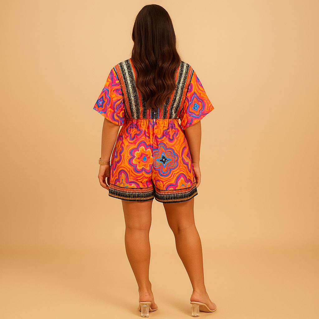 Stylish boho summer jumpsuit for women in orange with bat sleeves, ideal for beach days, summer parties, and casual outings.