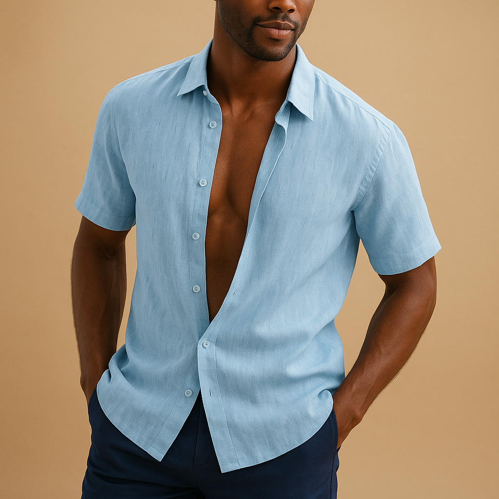 Lightweight breathable shirt for men with a comfortable fit, available in black, khaki, pink, sky blue, and white. Ideal for casual and business wear.