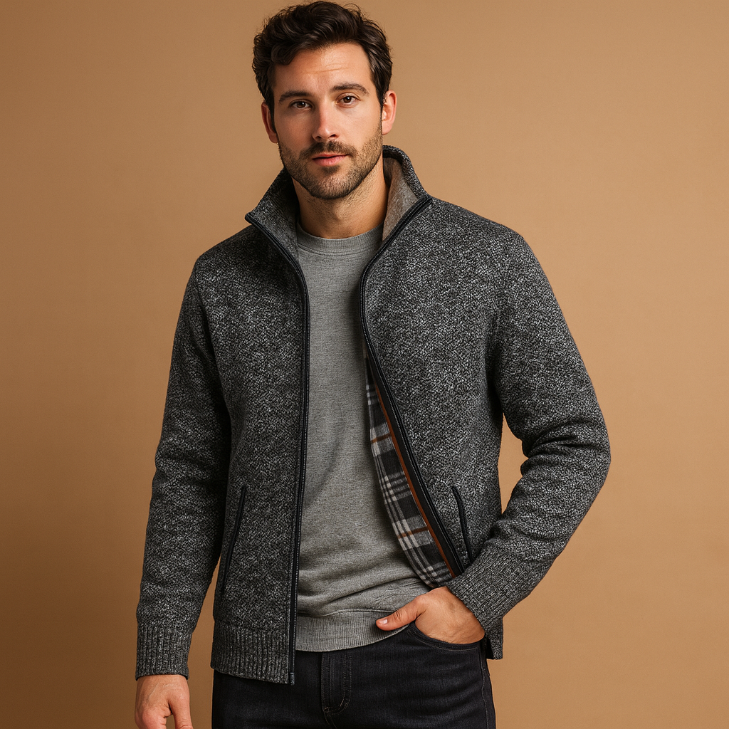 Men’s cable knit sweater with soft plaid lining, designed for warmth and timeless everyday style during autumn and winter.