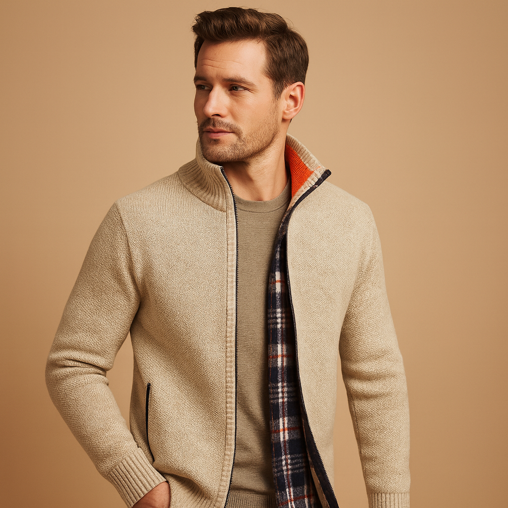 Men’s cable knit sweater with soft plaid lining, designed for warmth and timeless everyday style during autumn and winter.