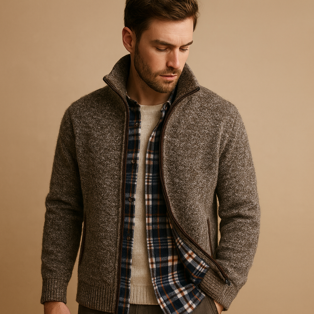Men’s cable knit sweater with soft plaid lining, designed for warmth and timeless everyday style during autumn and winter.