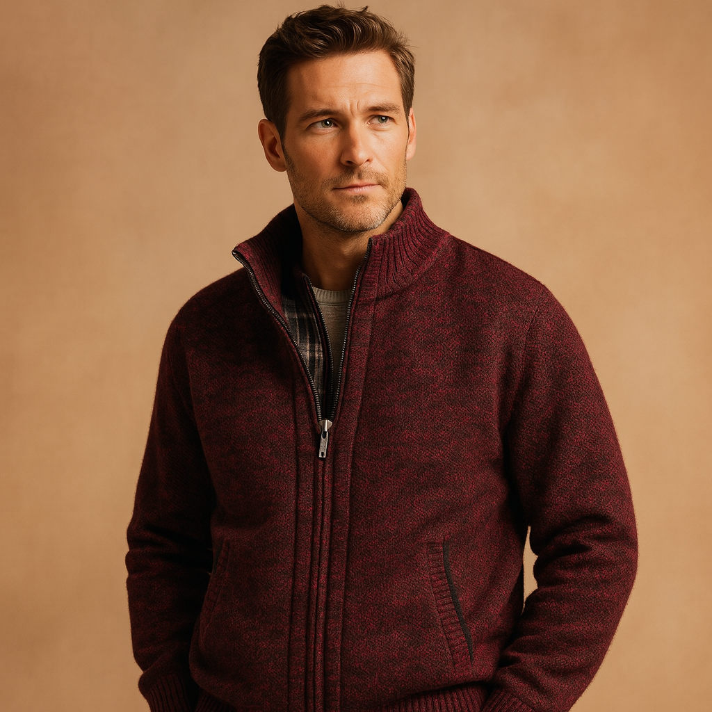 Men’s cable knit sweater with soft plaid lining, designed for warmth and timeless everyday style during autumn and winter.