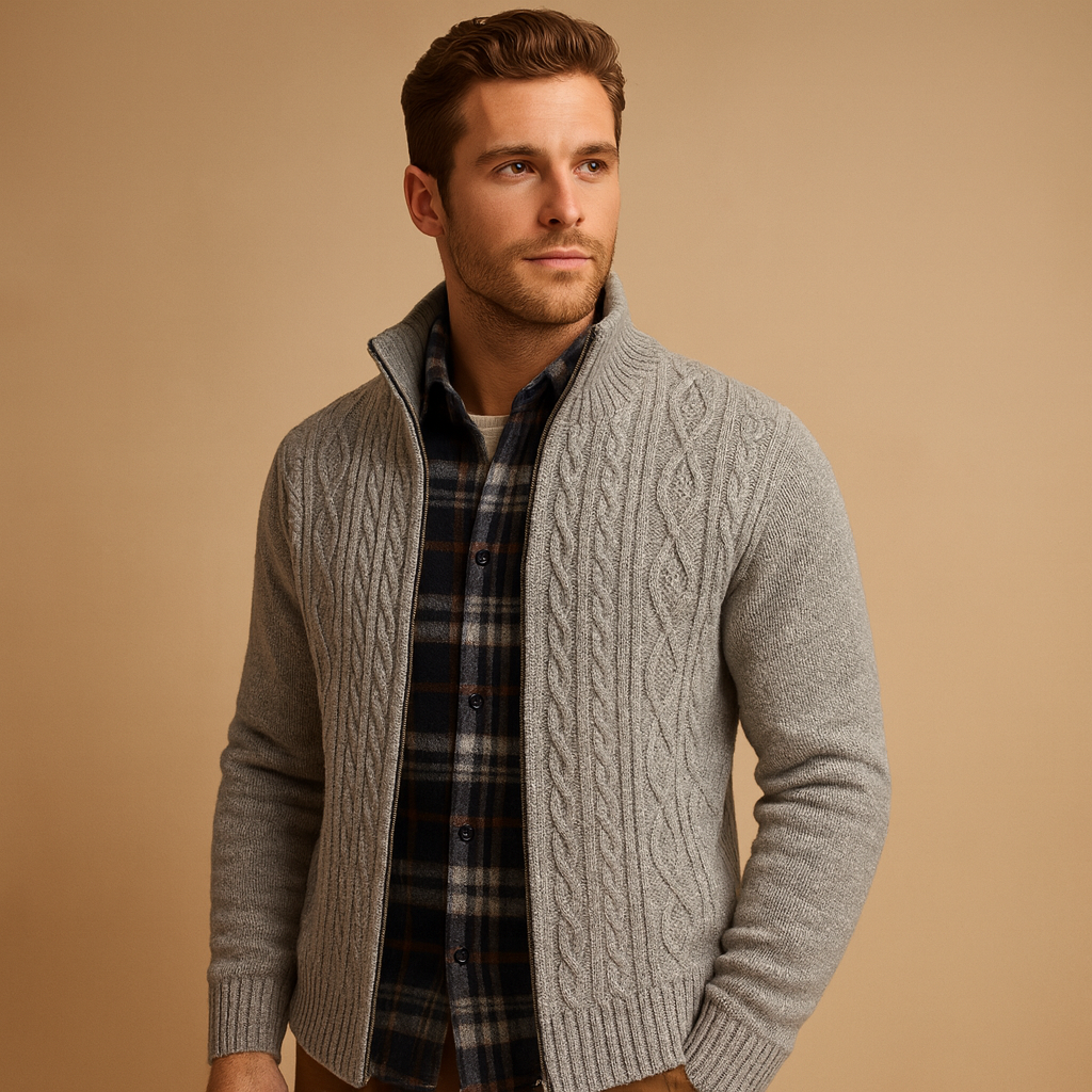 Men’s cable knit sweater with soft plaid lining, designed for warmth and timeless everyday style during autumn and winter.