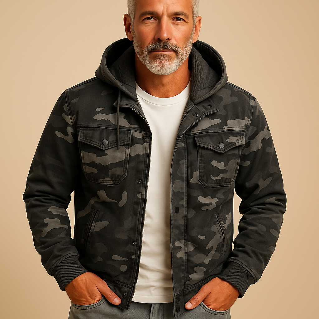 Men’s waterproof camouflage jacket with adjustable cuffs and deep pockets, ideal for outdoor adventures and daily wear.