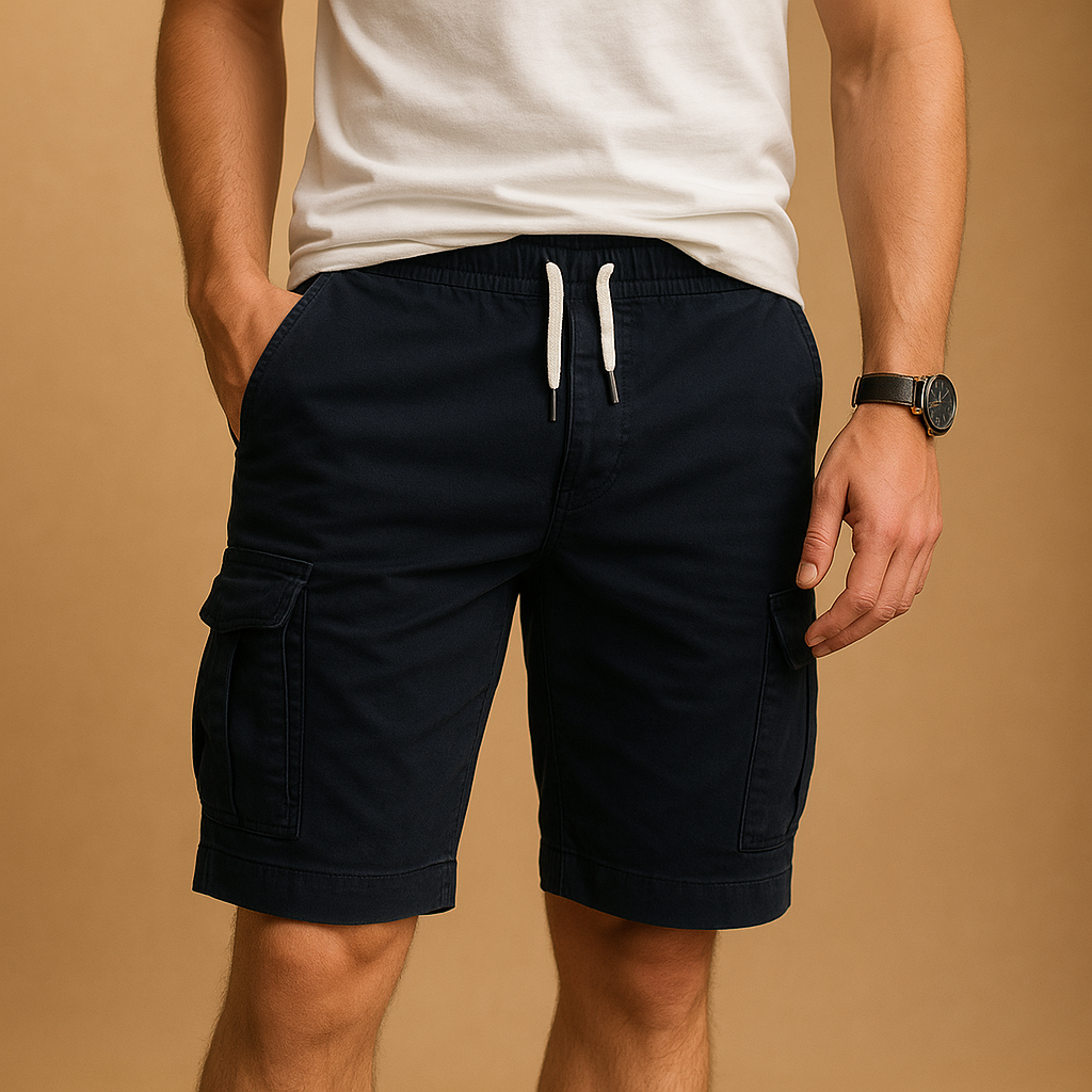 Men’s cargo shorts with elastic waistband, breathable fabric, and multiple pockets, available in khaki, black, green, gray, and navy blue.