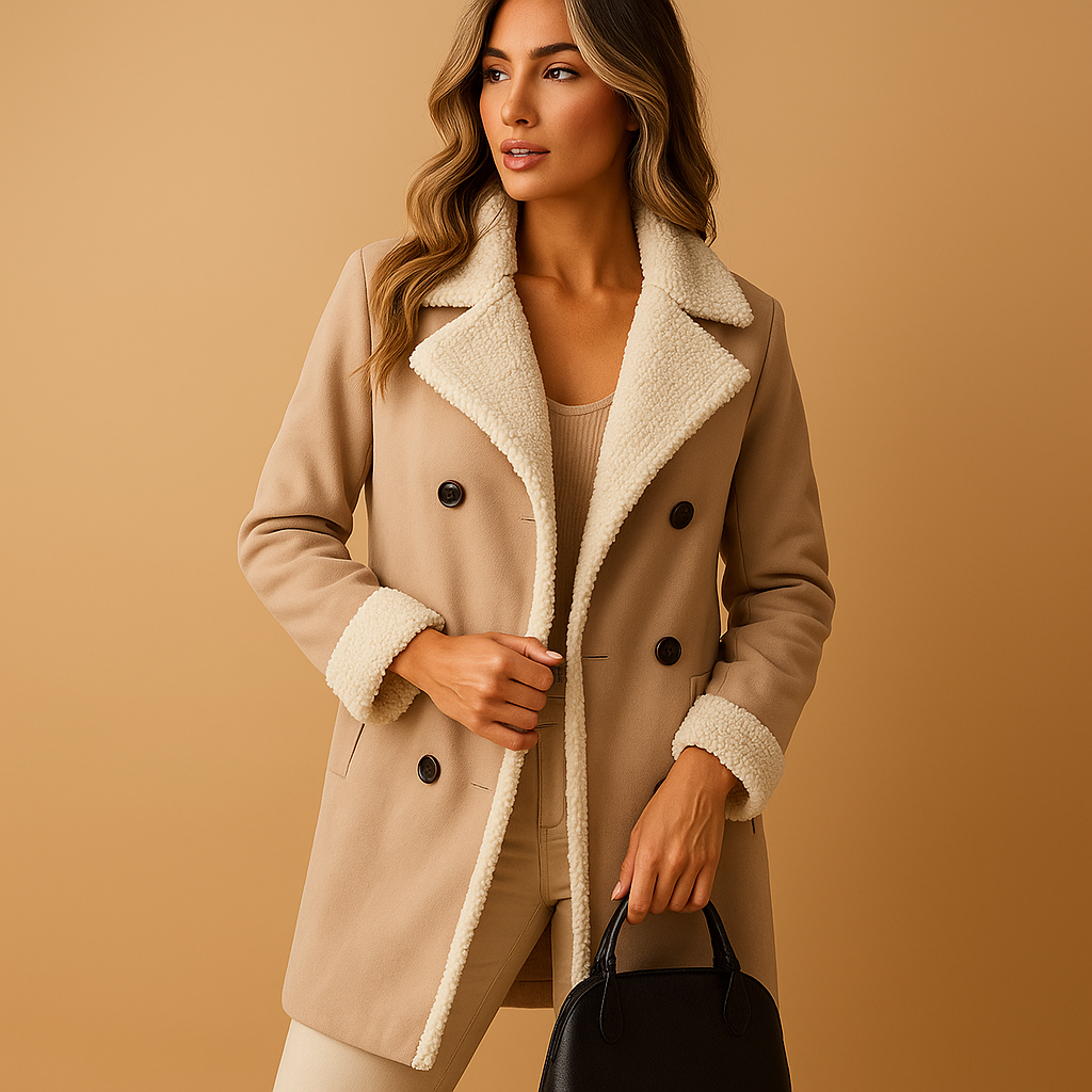 Women’s cashmere wool winter coat with lapel collar, long sleeves, and elegant tailored cut. A chic and warm choice for cold winter days.