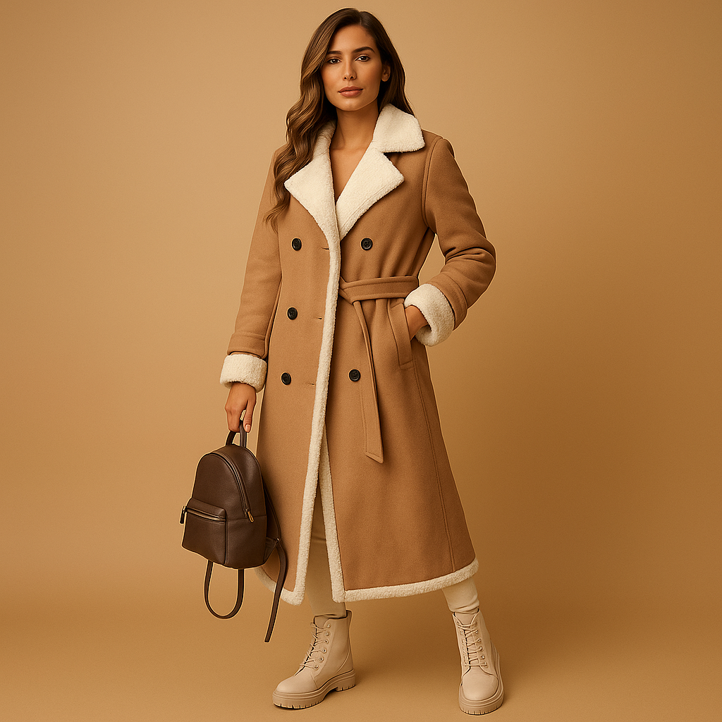 Women’s cashmere wool winter coat with lapel collar, long sleeves, and elegant tailored cut. A chic and warm choice for cold winter days.