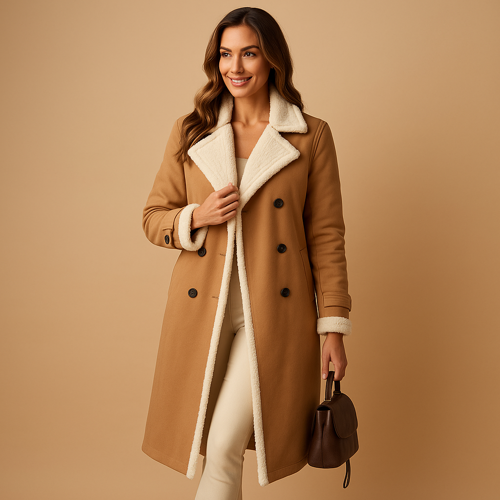 Women’s cashmere wool winter coat with lapel collar, long sleeves, and elegant tailored cut. A chic and warm choice for cold winter days.