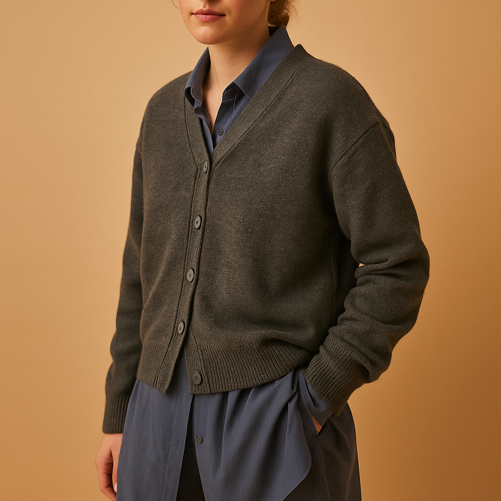 Women’s cashmere wrap cardigan with asymmetrical button closure, warm fit, and soft luxurious texture. Ideal for elegant evenings and casual comfort.