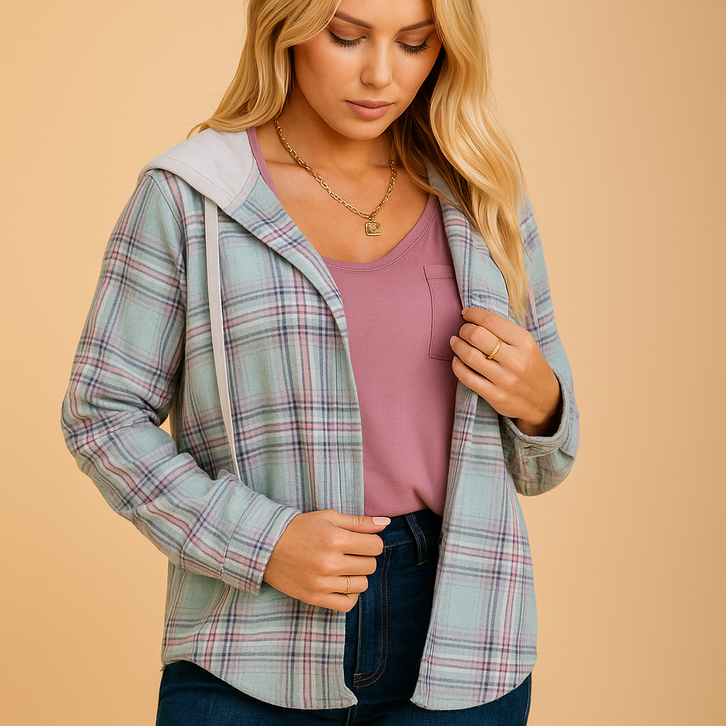 Casual button-up jacket for women with relaxed fit, chest pocket, and cuff closure, perfect for daily wear and stylish casual outfits.