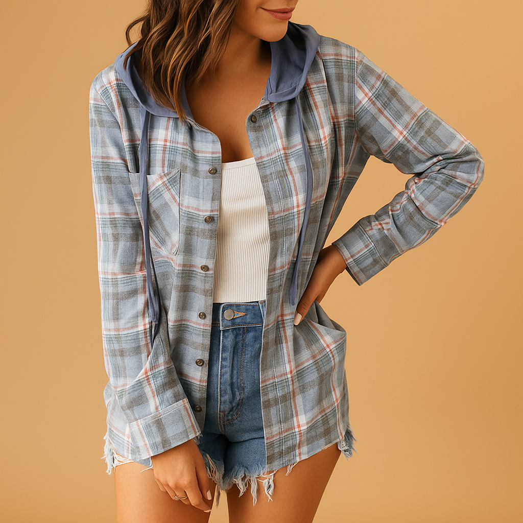 Casual button-up jacket for women with relaxed fit, chest pocket, and cuff closure, perfect for daily wear and stylish casual outfits.