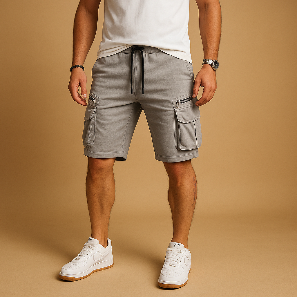 Men’s casual cargo shorts with relaxed fit, adjustable drawstring, and multiple pockets, lightweight breathable design perfect for summer wear.