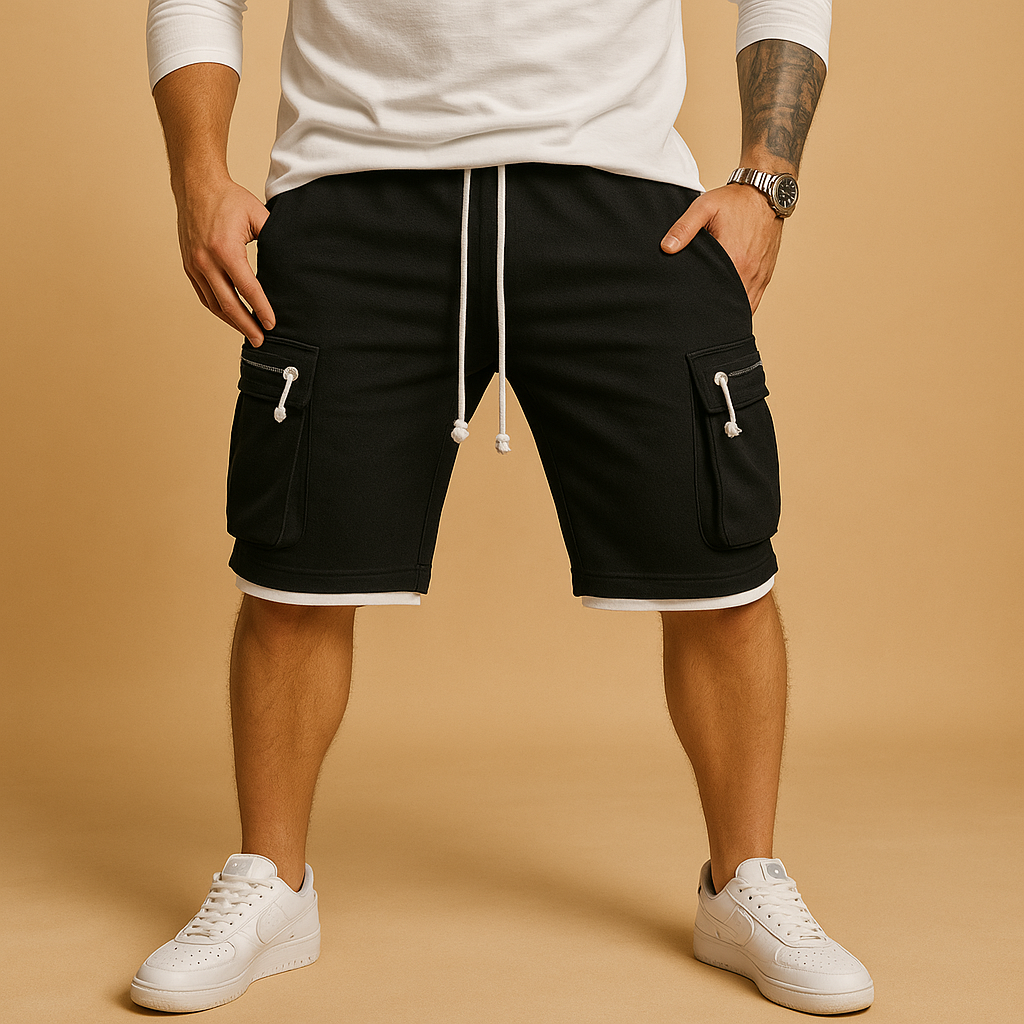 Men’s casual cargo shorts with relaxed fit, adjustable drawstring, and multiple pockets, lightweight breathable design perfect for summer wear.