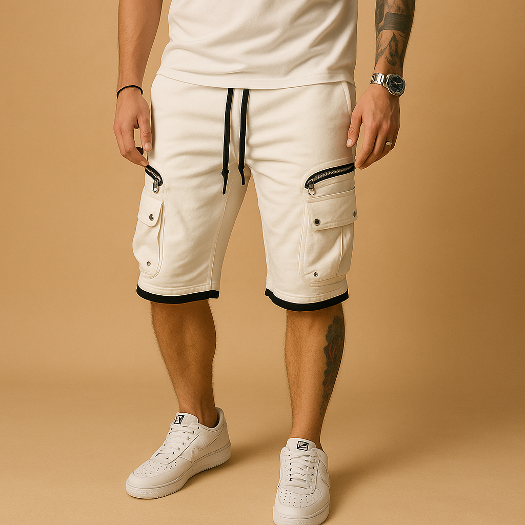 Men’s casual cargo shorts with relaxed fit, adjustable drawstring, and multiple pockets, lightweight breathable design perfect for summer wear.