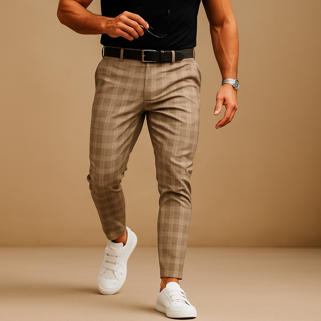 Men’s casual checkered pants with relaxed fit and subtle checkered pattern, stylish design perfect for work, leisure, and daily wear.