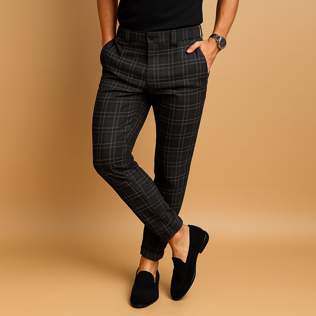 Men’s casual checkered pants with relaxed fit and subtle checkered pattern, stylish design perfect for work, leisure, and daily wear.