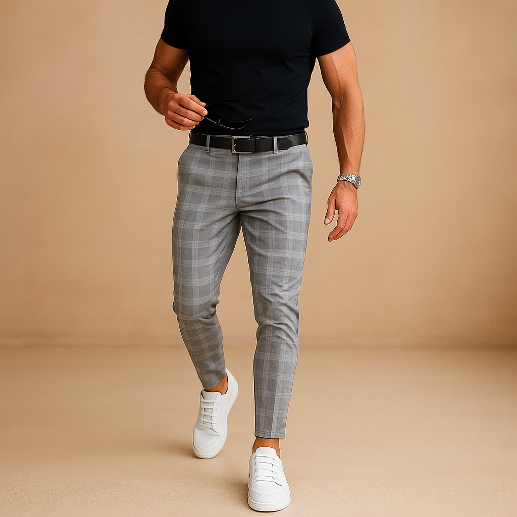 Men’s casual checkered pants with relaxed fit and subtle checkered pattern, stylish design perfect for work, leisure, and daily wear.