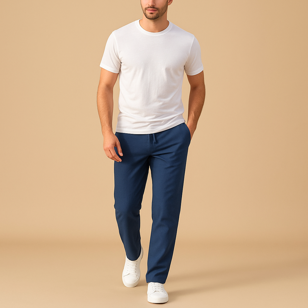 Men’s casual cotton pants with elastic waistband, breathable fabric, and timeless design, perfect for daily wear and home comfort.