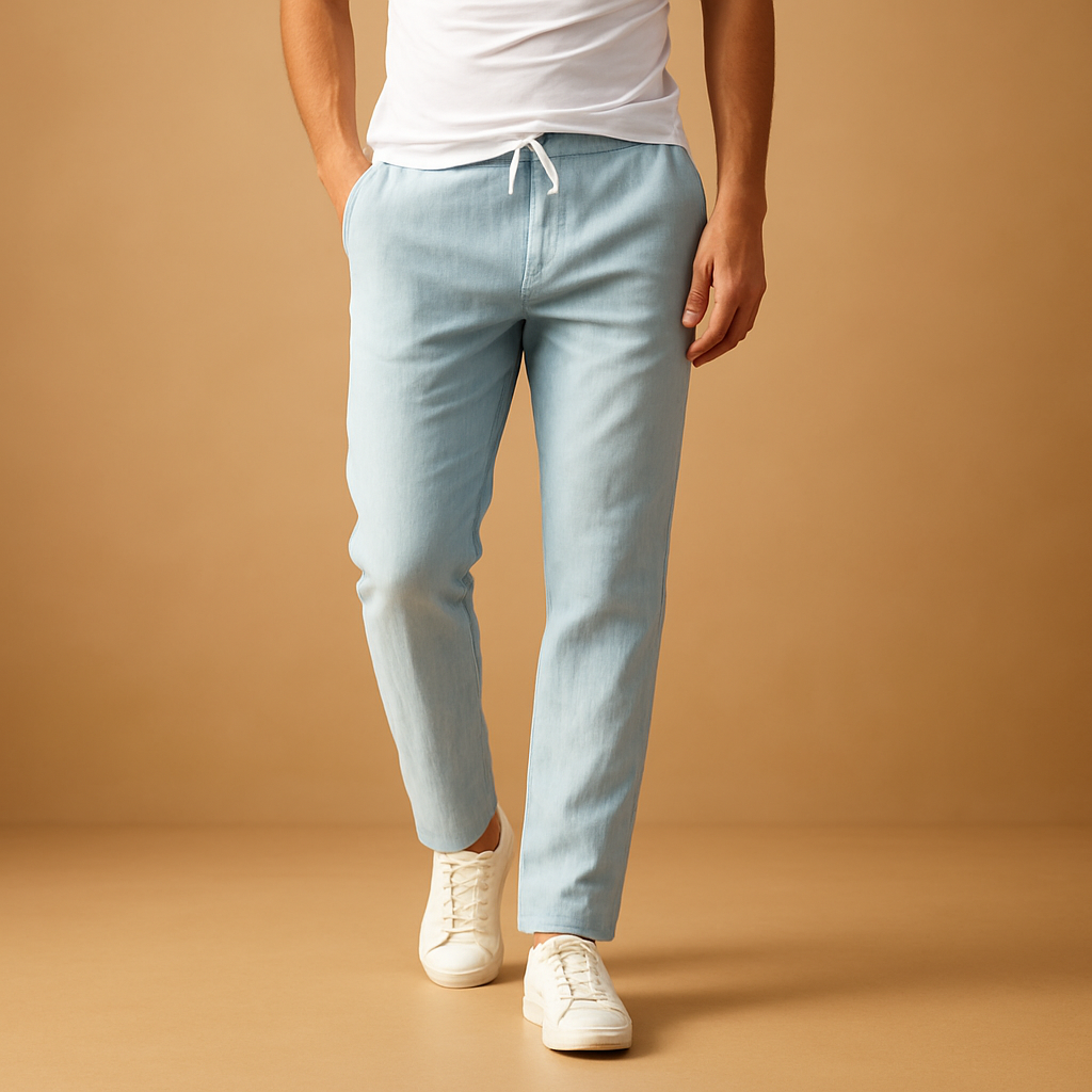 Men’s casual cotton pants with elastic waistband, breathable fabric, and timeless design, perfect for daily wear and home comfort.