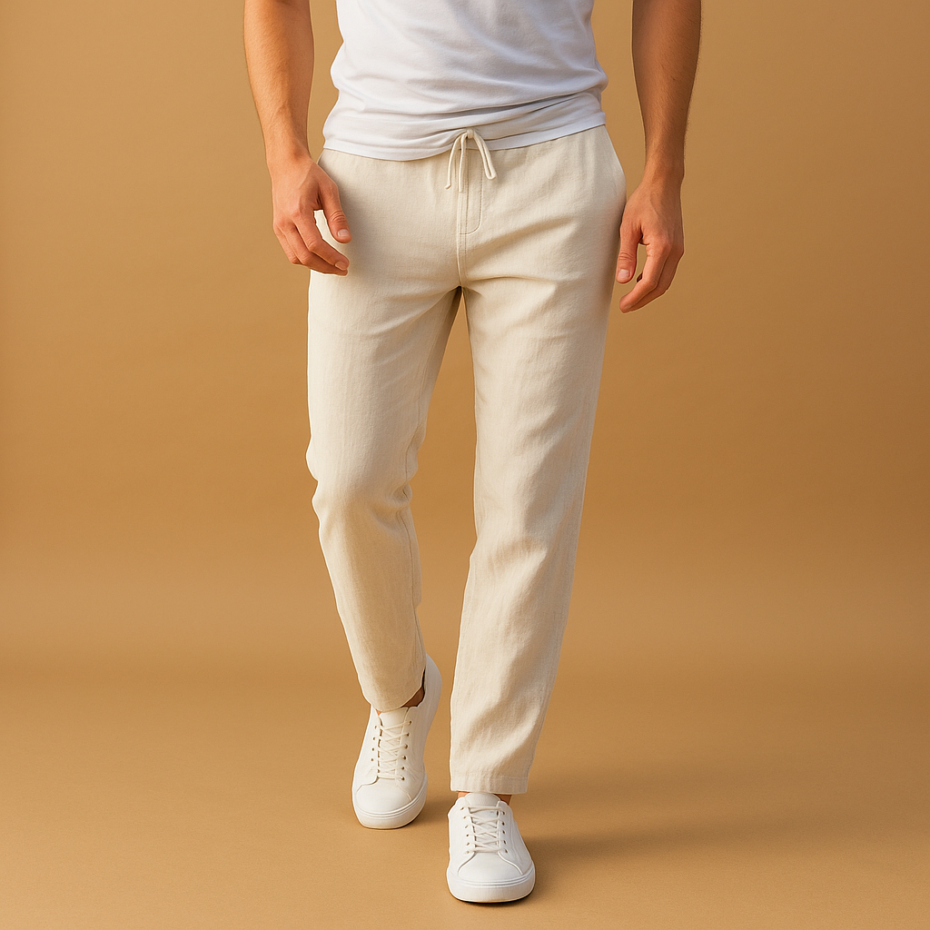 Men’s casual cotton pants with elastic waistband, breathable fabric, and timeless design, perfect for daily wear and home comfort.
