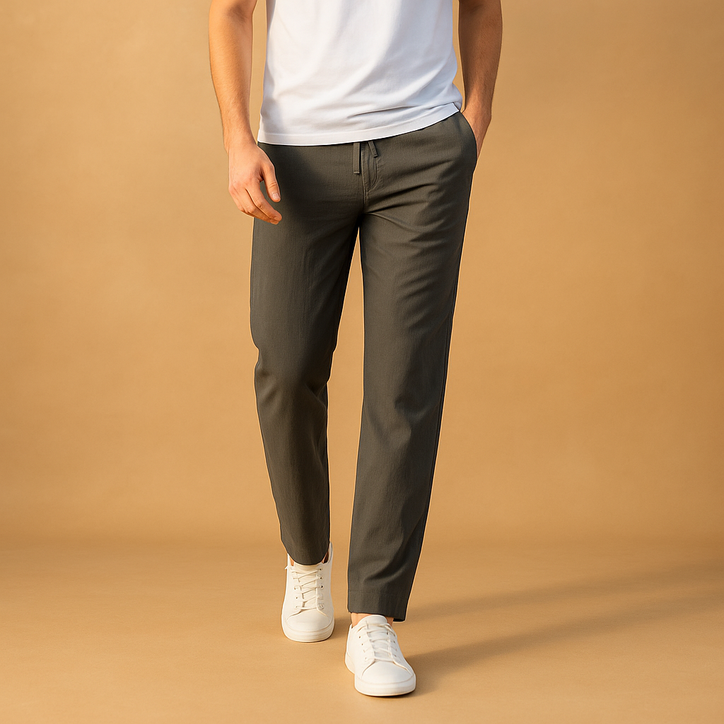 Men’s casual cotton pants with elastic waistband, breathable fabric, and timeless design, perfect for daily wear and home comfort.