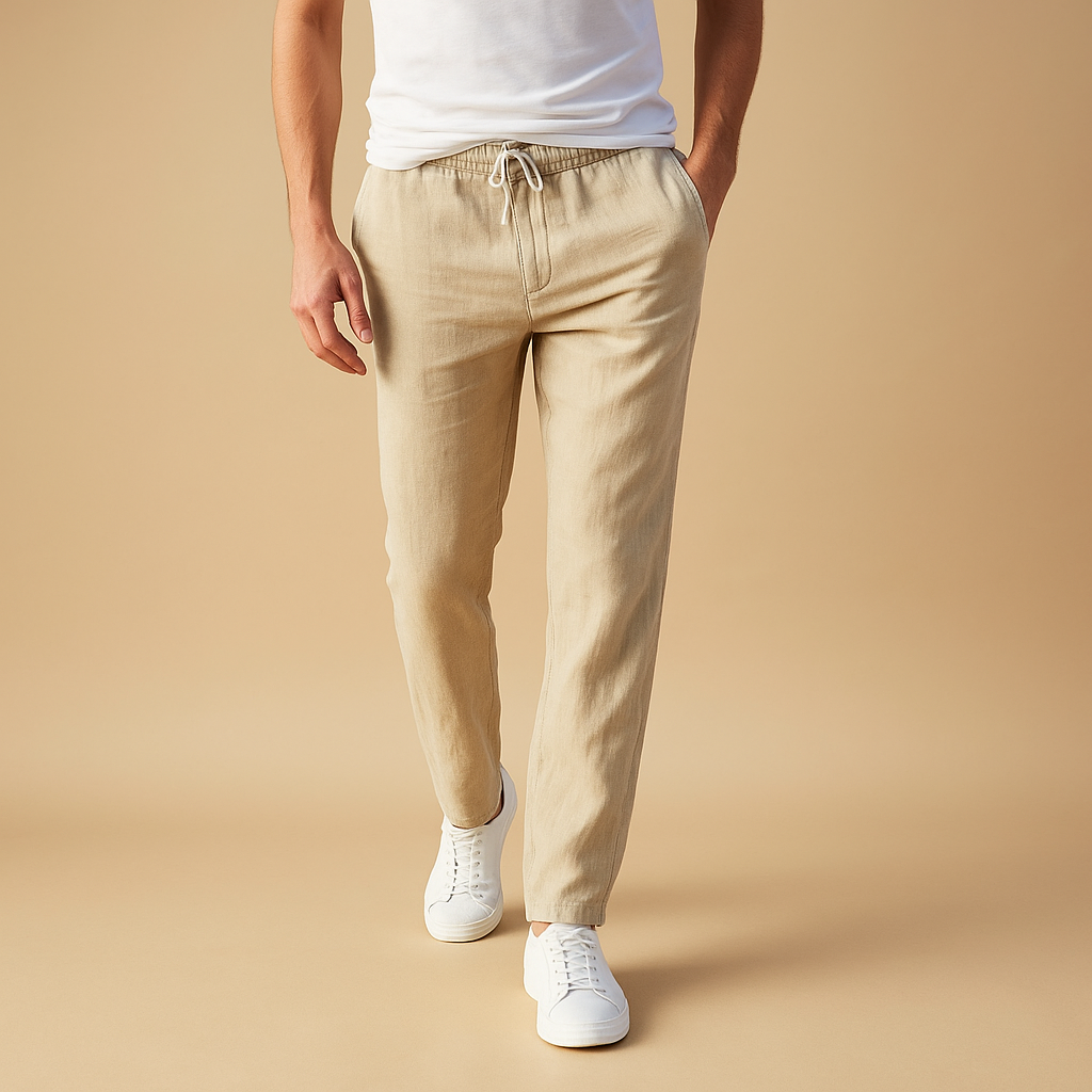 Men’s casual cotton pants with elastic waistband, breathable fabric, and timeless design, perfect for daily wear and home comfort.