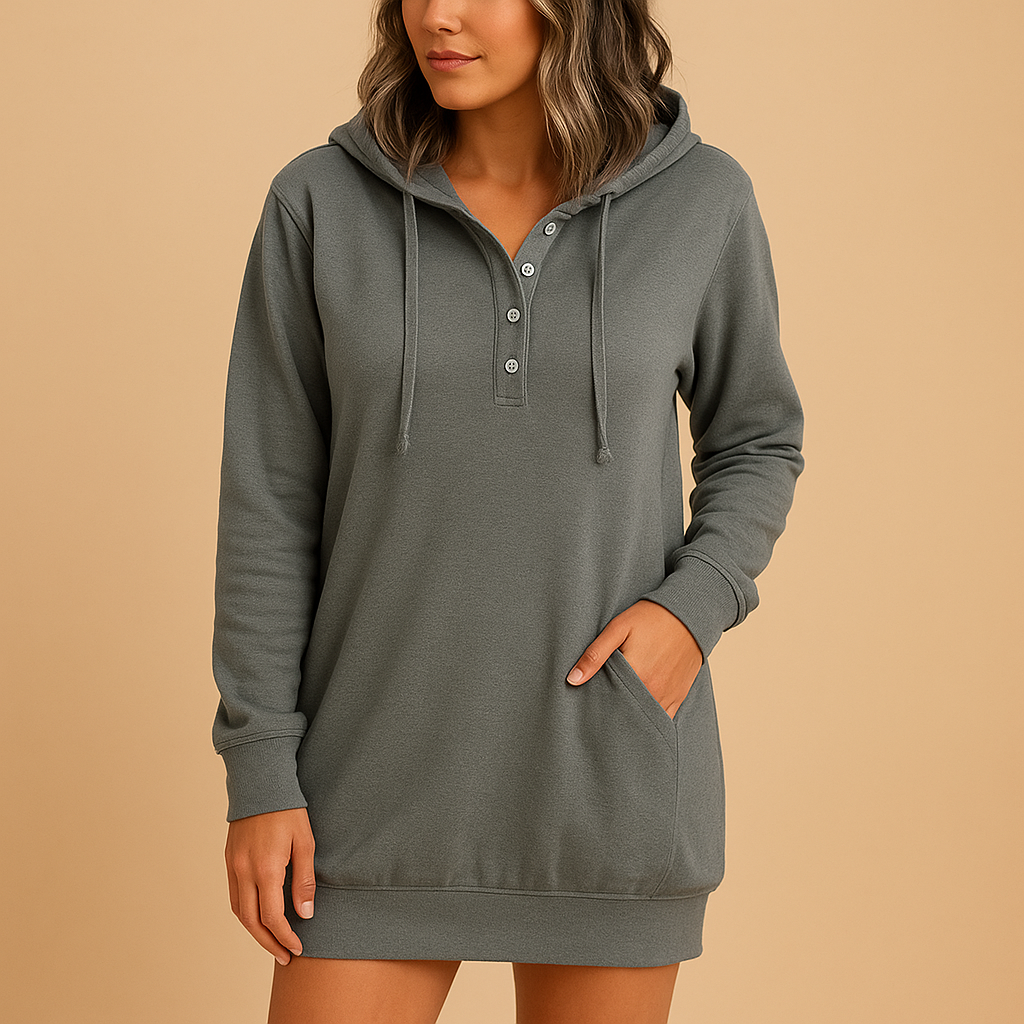 Women’s casual hoodie dress in solid color with relaxed fit, soft breathable fabric, and minimalist streetwear design.