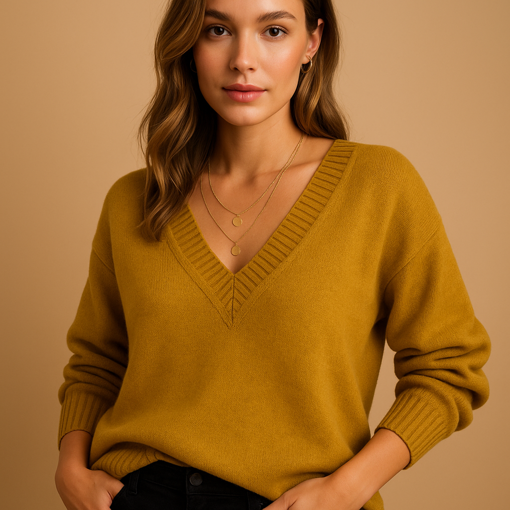 Women’s casual knitted sweater with deep V-neck in neutral tones, featuring a relaxed fit and classic knit texture for elegant everyday style.