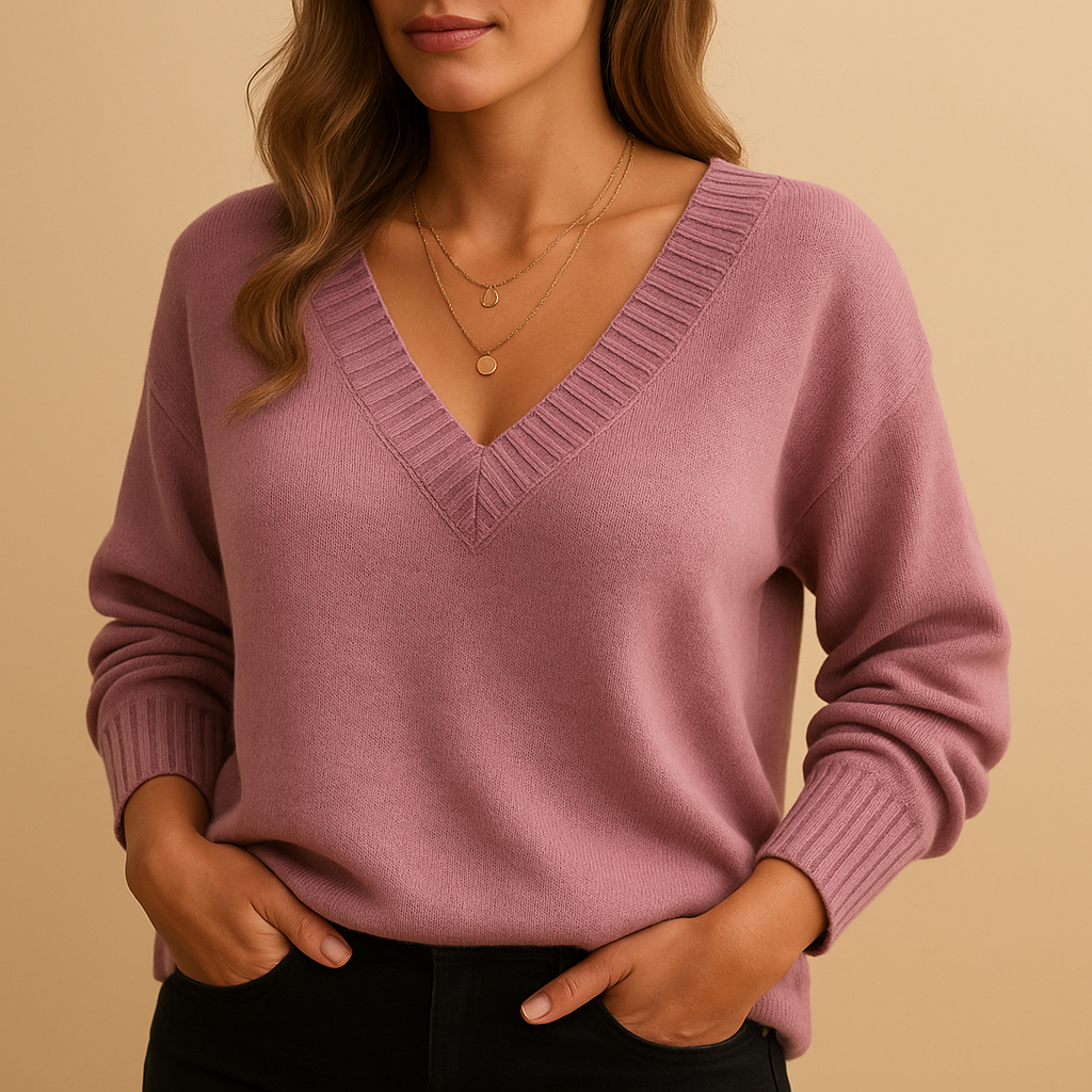Women’s casual knitted sweater with deep V-neck in neutral tones, featuring a relaxed fit and classic knit texture for elegant everyday style.