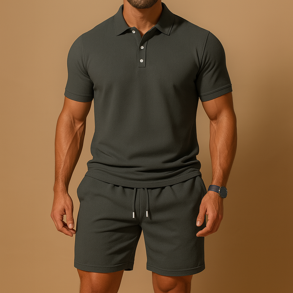 Sporty summer set for men with solid color polo shirt and shorts with drawstring detail, ideal for golf, leisure, or beach days.