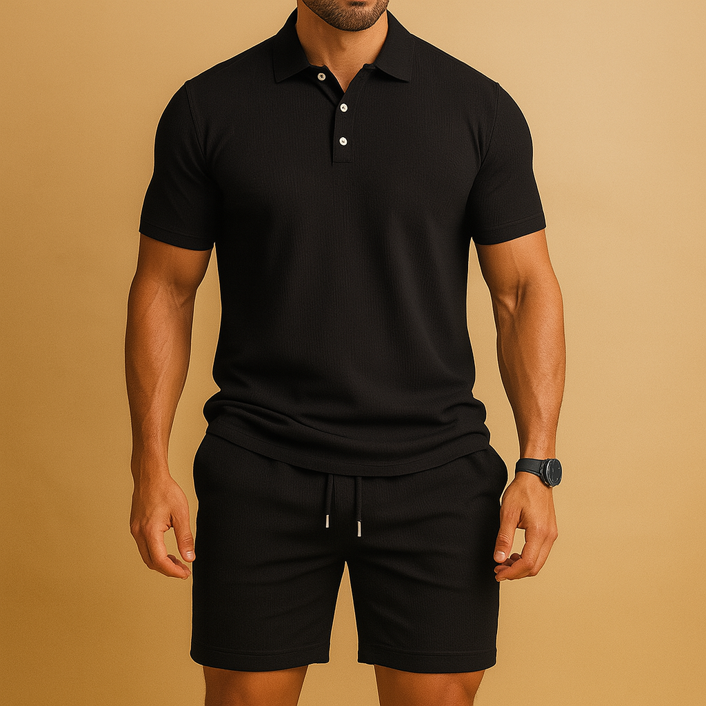 Sporty summer set for men with solid color polo shirt and shorts with drawstring detail, ideal for golf, leisure, or beach days.