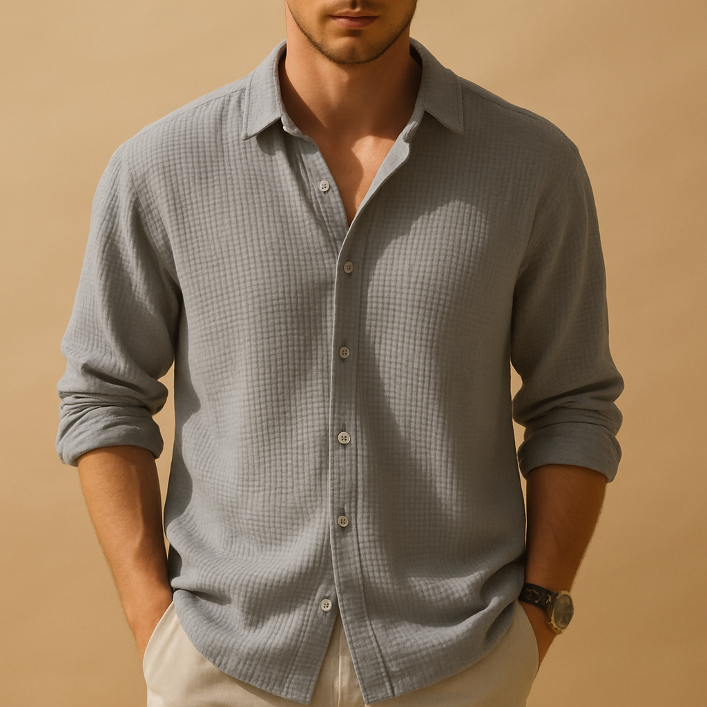 Casual long sleeve shirt for men with stand collar and button closure in a minimalist design, ideal for daily wear and semi-formal occasions.