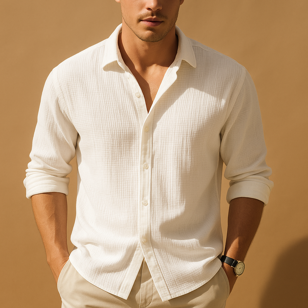 Casual long sleeve shirt for men with stand collar and button closure in a minimalist design, ideal for daily wear and semi-formal occasions.